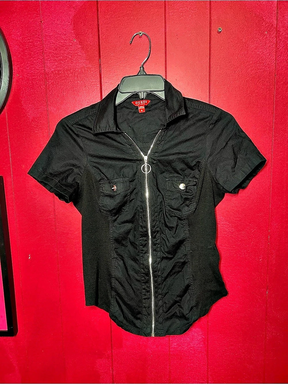 GUESS Black Zip Front Utility Shirt Size Medium Like New